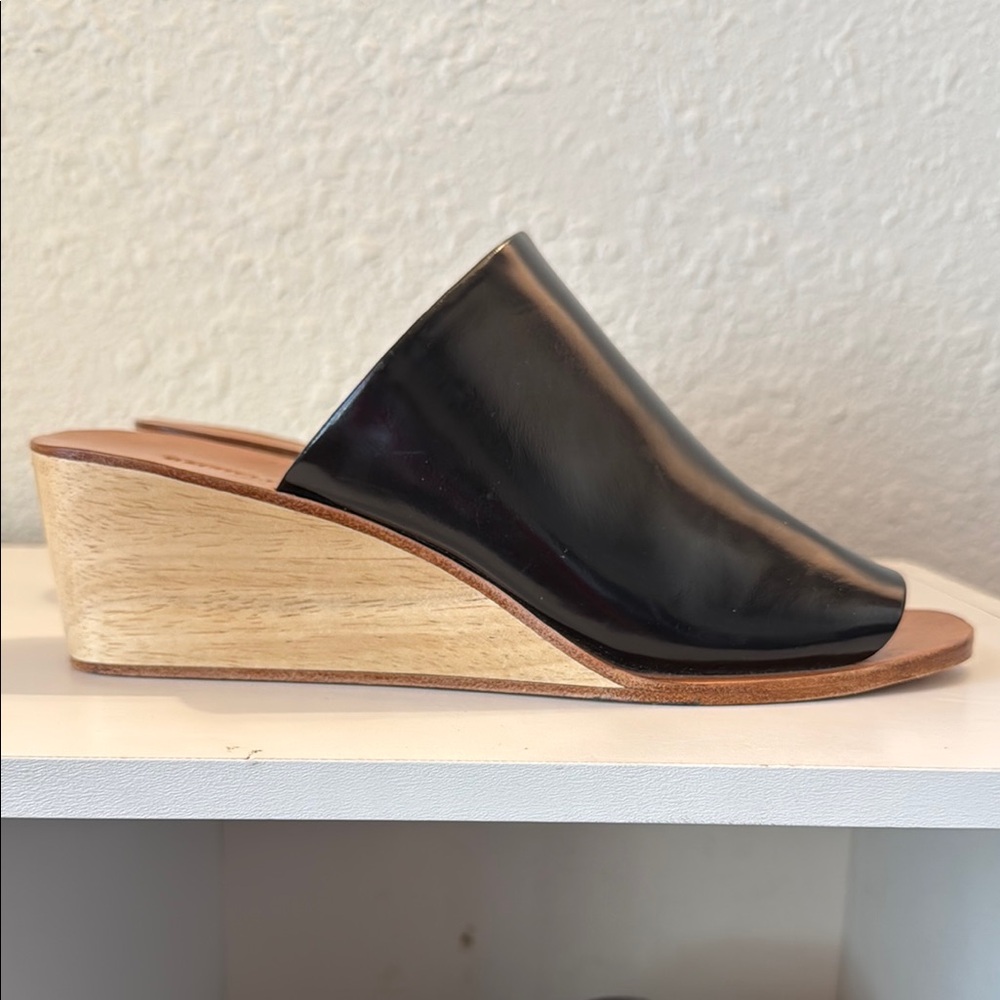 Rachel Comey Black Leather Wedge Mules with Wood Heel - Picture 1 of 7